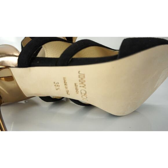 Jimmy Choo Tarine Black Suede Gold Leather Open Toe Cut Out Sandals SZ 38.5 $895 - Picture 4 of 10